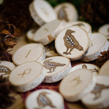 Load image into Gallery viewer, Odin's Ravens - Illustrated Wooden Rune Set