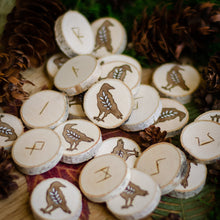 Load image into Gallery viewer, Odin's Ravens - Illustrated Wooden Rune Set