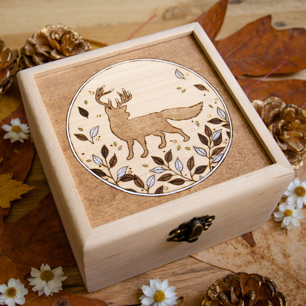 Whimsical Antlered Fox - Wooden Box