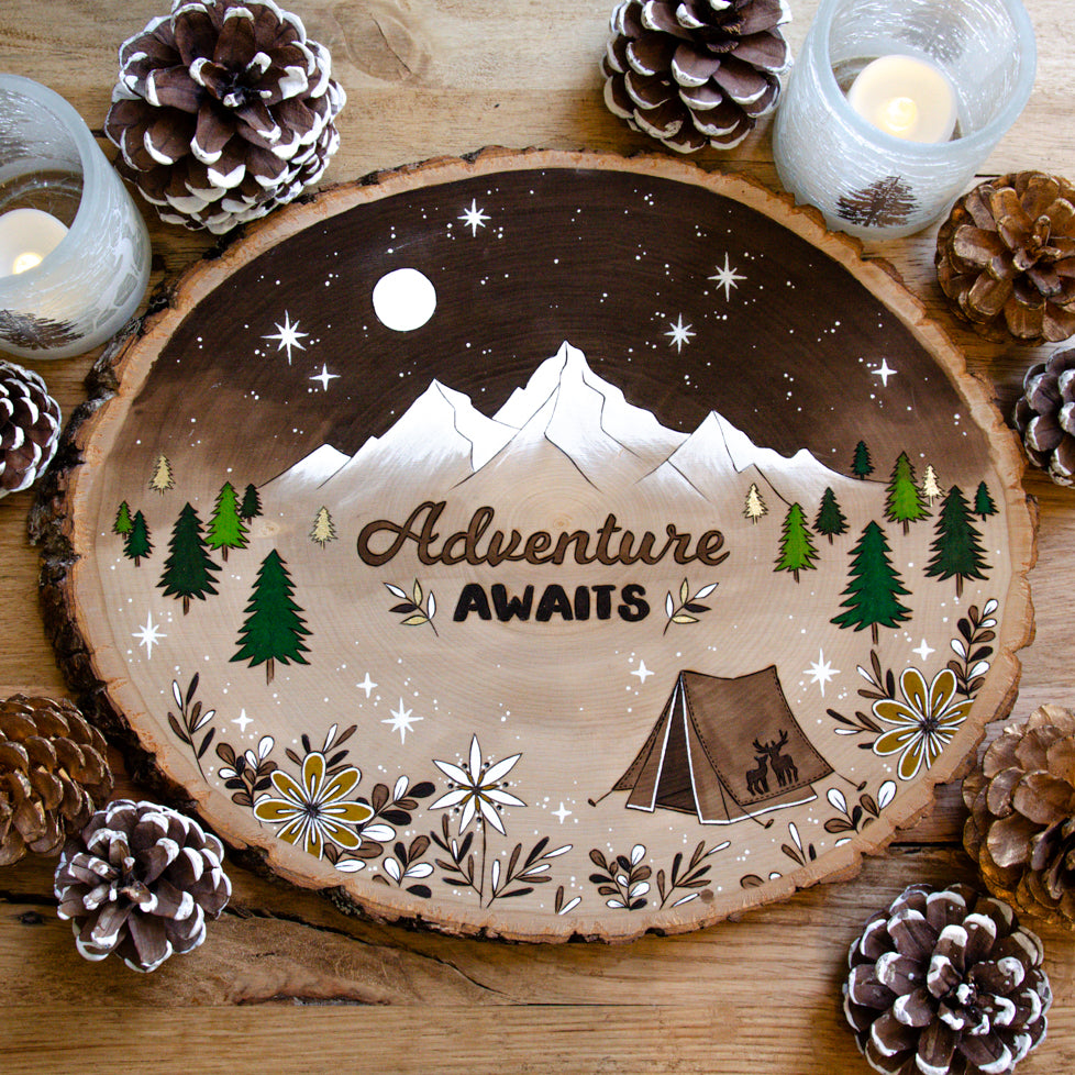 'Adventure Awaits' - Original Wood Slice Art