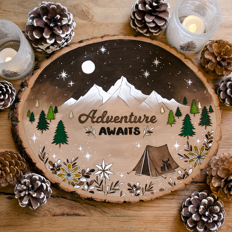 'Adventure Awaits' - Original Wood Slice Art
