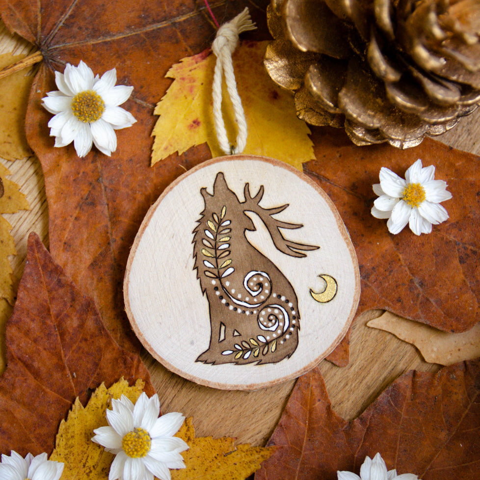 Whimsical Horned Wolf - Medium Wooden Ornament