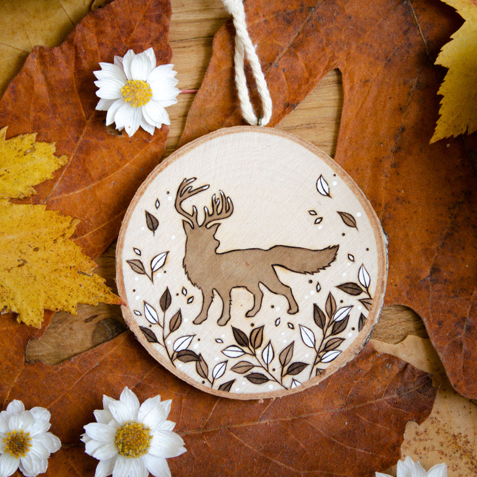 Whimsical Antlered Fox - Medium Wooden Ornament