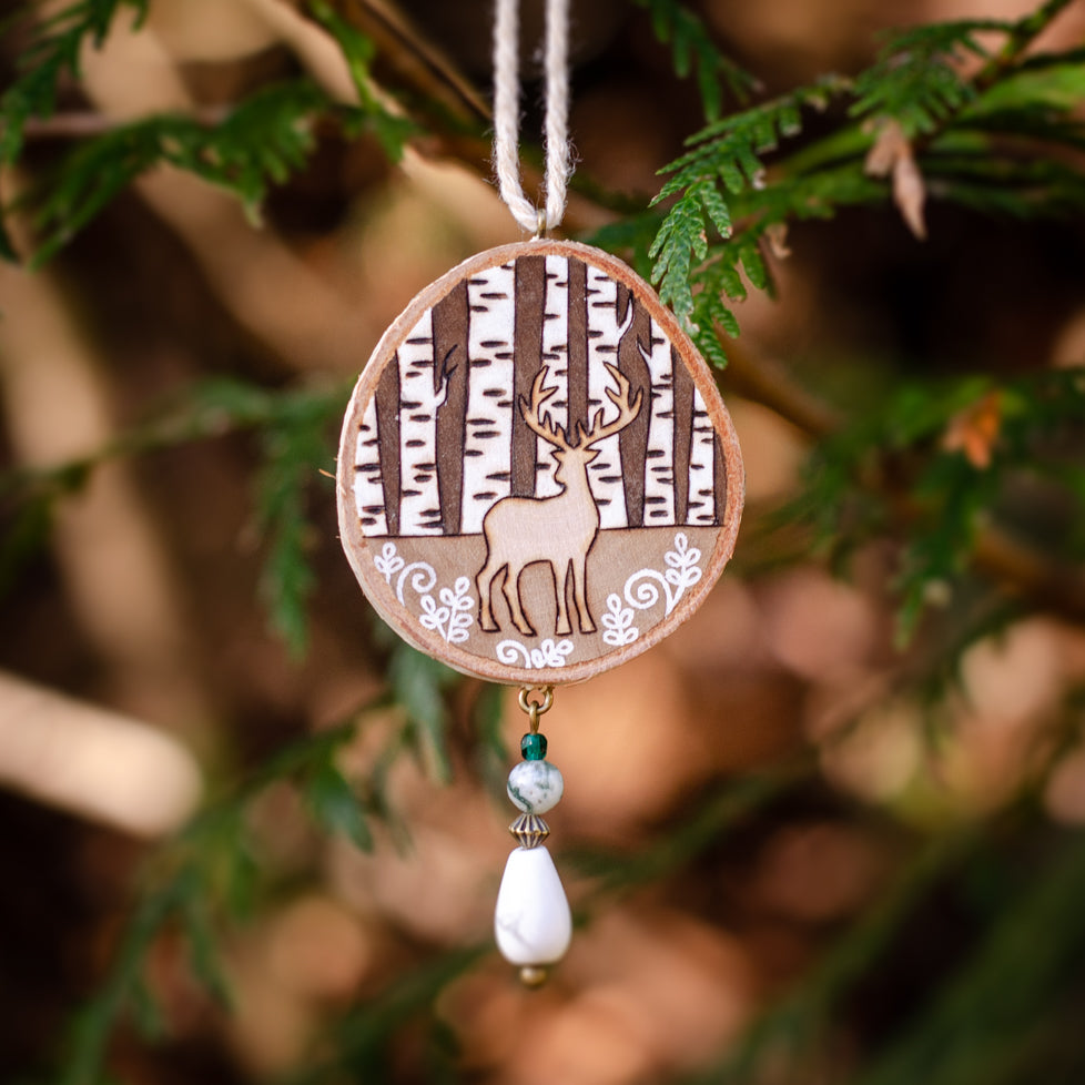 Winter Stag & Birch Trees - Small Wooden Ornament