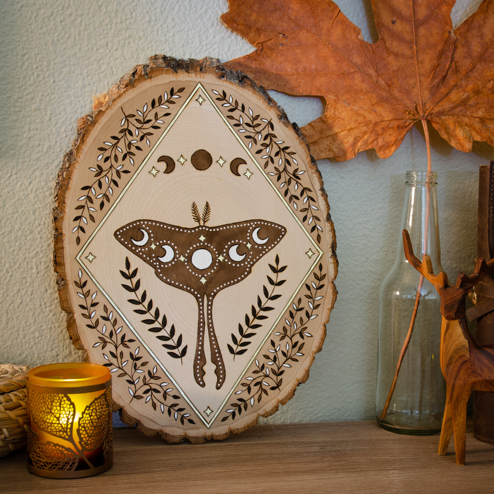 'Night Dweller' - Magical Luna Moth - Original Wood Slice Art