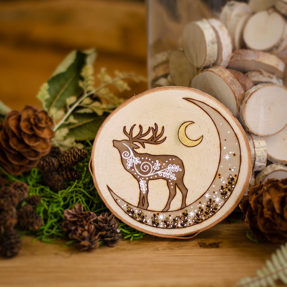 Dreamy Deer & Crescent Moon - Large Wooden Hanging Ornament