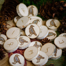 Load image into Gallery viewer, Odin&#39;s Ravens - Illustrated Wooden Rune Set
